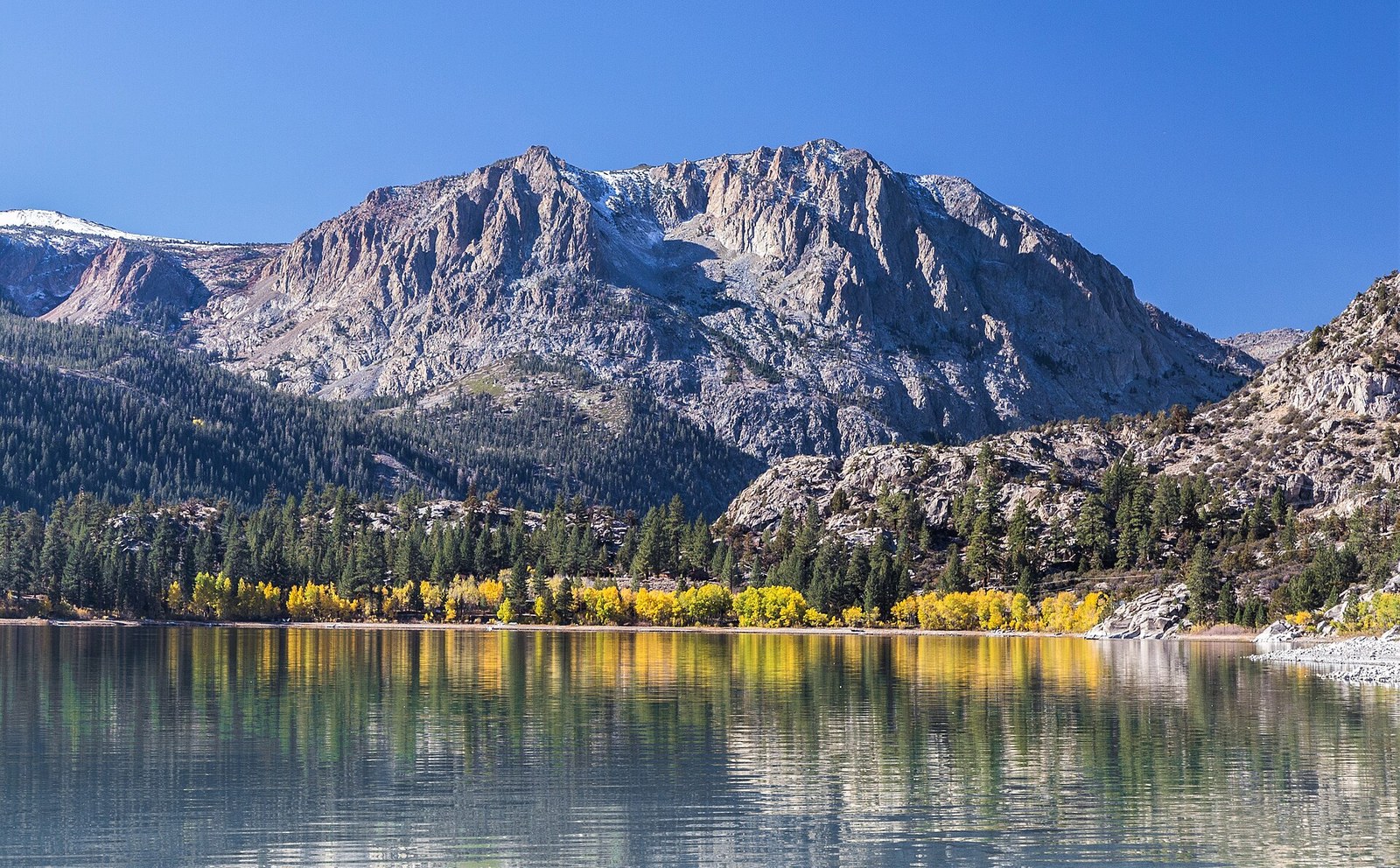 A row of yellow aspens along the shore of a still lake below a granite peak with a dusting of snow.