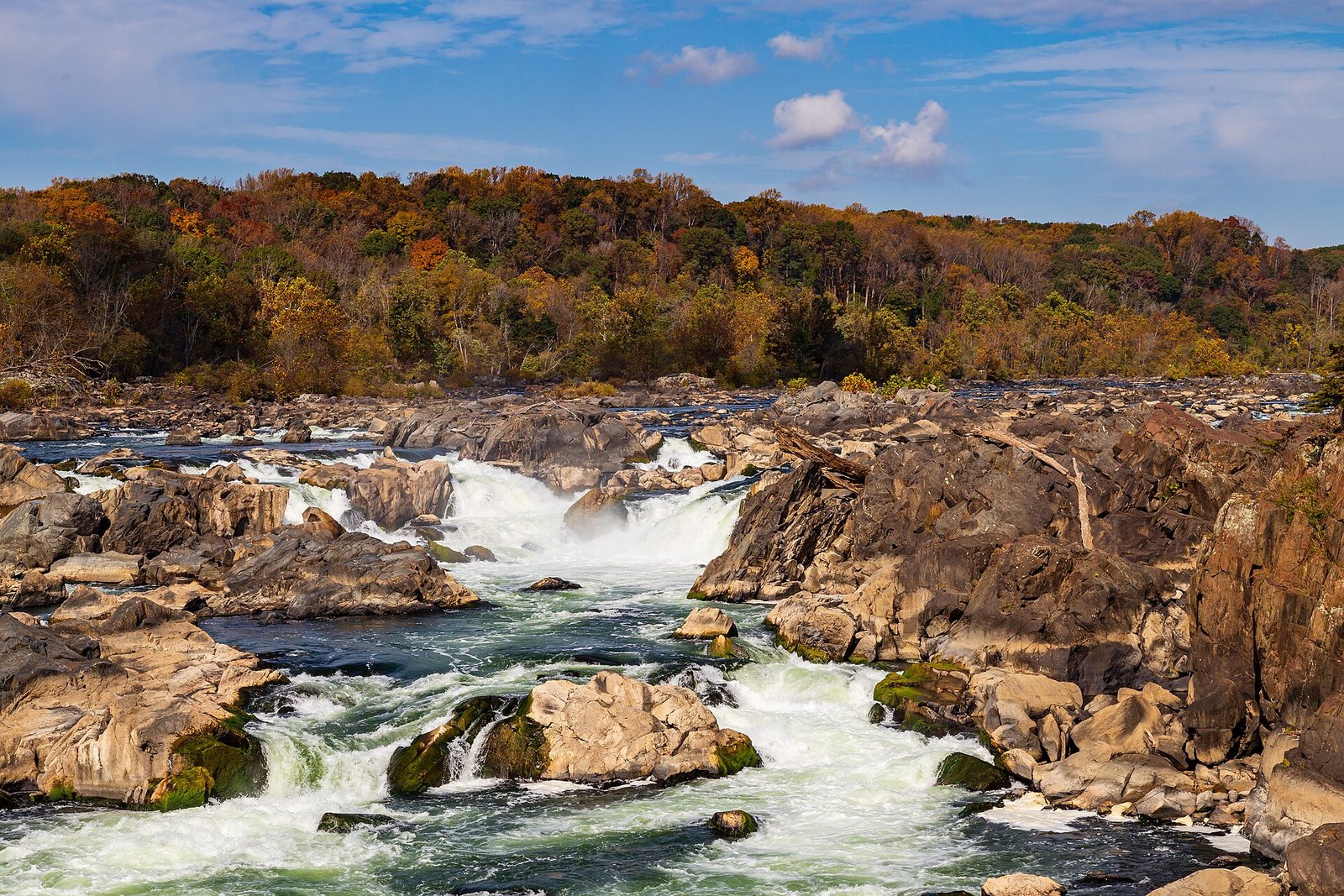 The rapids at Great Falls of the Potomac, with trees on the far bank in autumn color.