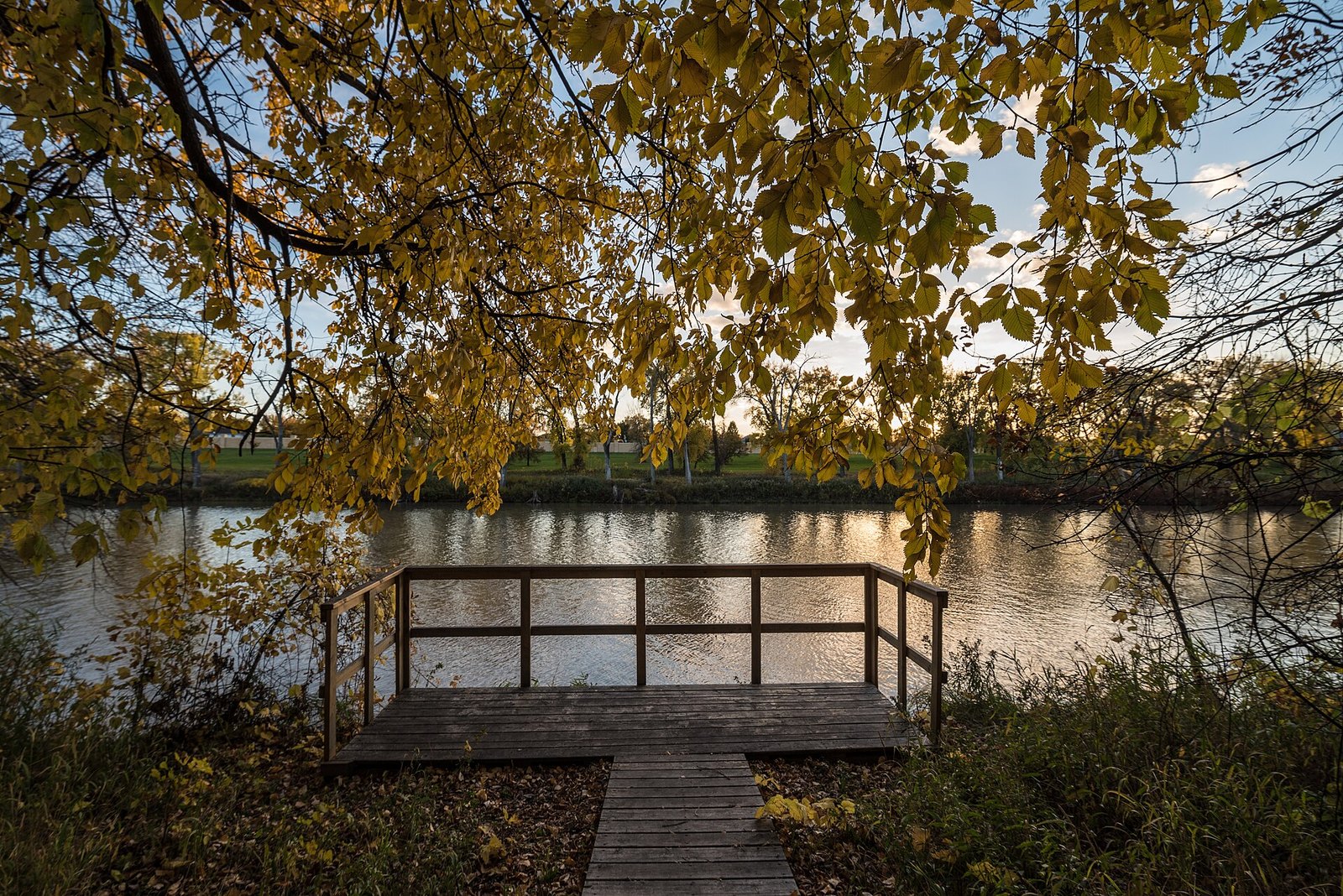 A wooden fishing platform on a river bank, framed by yellow leaves hanging over the water.