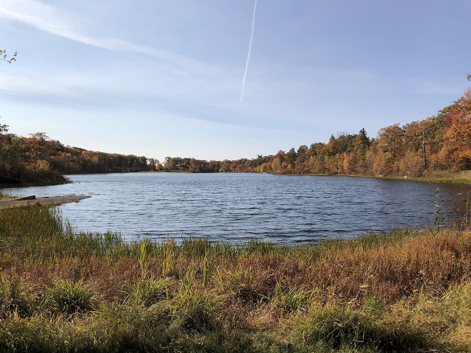 A calm lake edged with golden grass under a wooded ridge of orange and rust trees.
