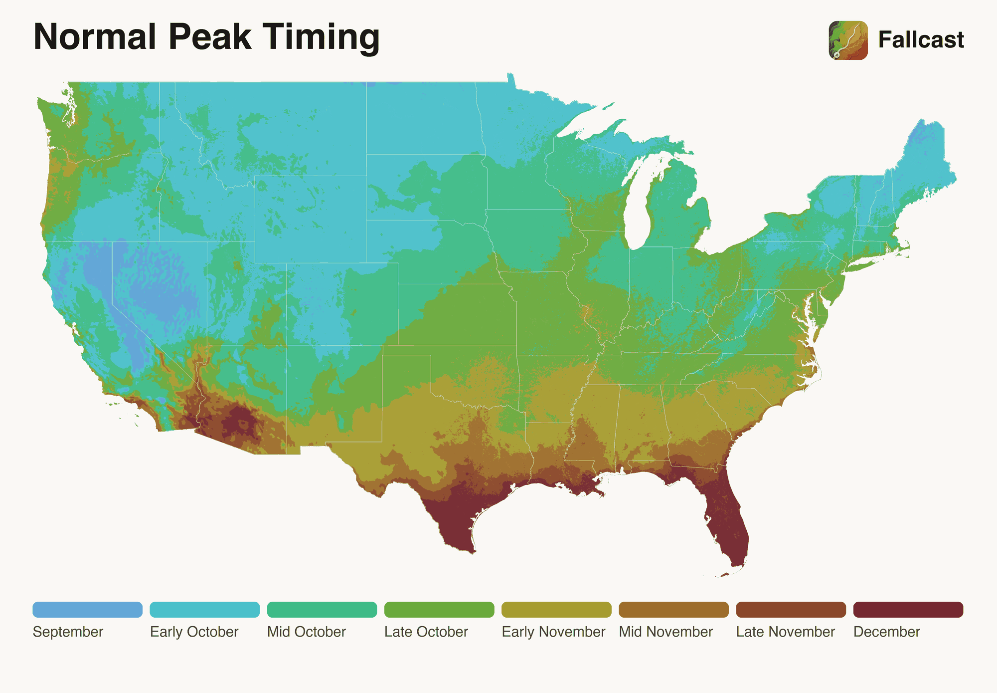 Map of the contiguous United States shaded by when fall color normally peaks,
                from September in the northern Rockies and northern New England through December
                along the Gulf Coast and in southern Florida.