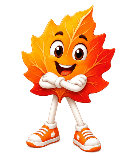 Peeper, Fallcast&rsquo;s forecaster: a smiling cartoon maple leaf standing with his arms folded, in orange sneakers.